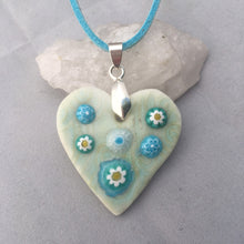 Load image into Gallery viewer, Daisy Heart Aqua Porcelain and Fused Glass Pendant Necklace