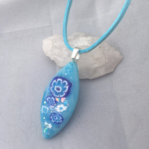 Blue Floral Fused Glass Pendant Necklace