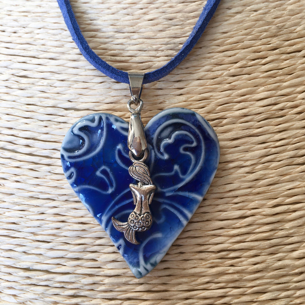 Mermaid Heart Classic Blue porcelain Pendant Necklace