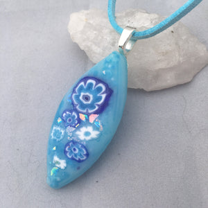 Blue Floral Fused Glass Pendant Necklace