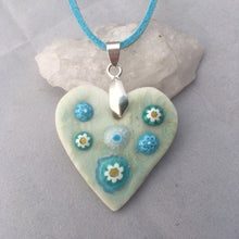 Load image into Gallery viewer, Daisy Heart Aqua Porcelain and Fused Glass Pendant Necklace
