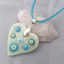 Load image into Gallery viewer, Daisy Heart Aqua Porcelain and Fused Glass Pendant Necklace
