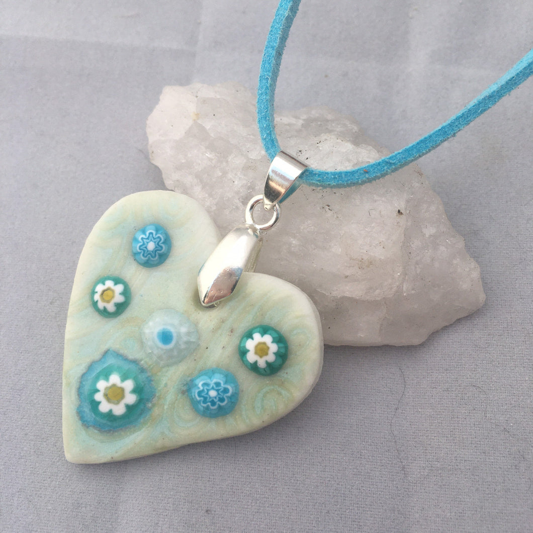 Daisy Heart Aqua Porcelain and Fused Glass Pendant Necklace